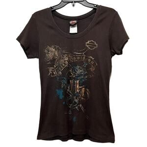 Harley Davidson Ladies Cut Brown Metallic Graphic Tee Ithaca HD Cayuta, NY Large